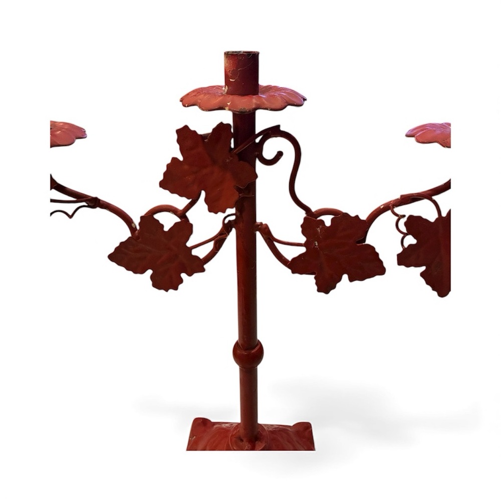 HEAVY Iron Candelabra W/Grapevine Wrapped Around Candlestick 3 Places Red Metal